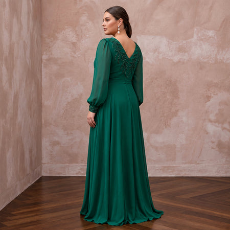 Plus Size Emerald Green Chiffon Faux Wrap Long Sleeve Evening Dress
