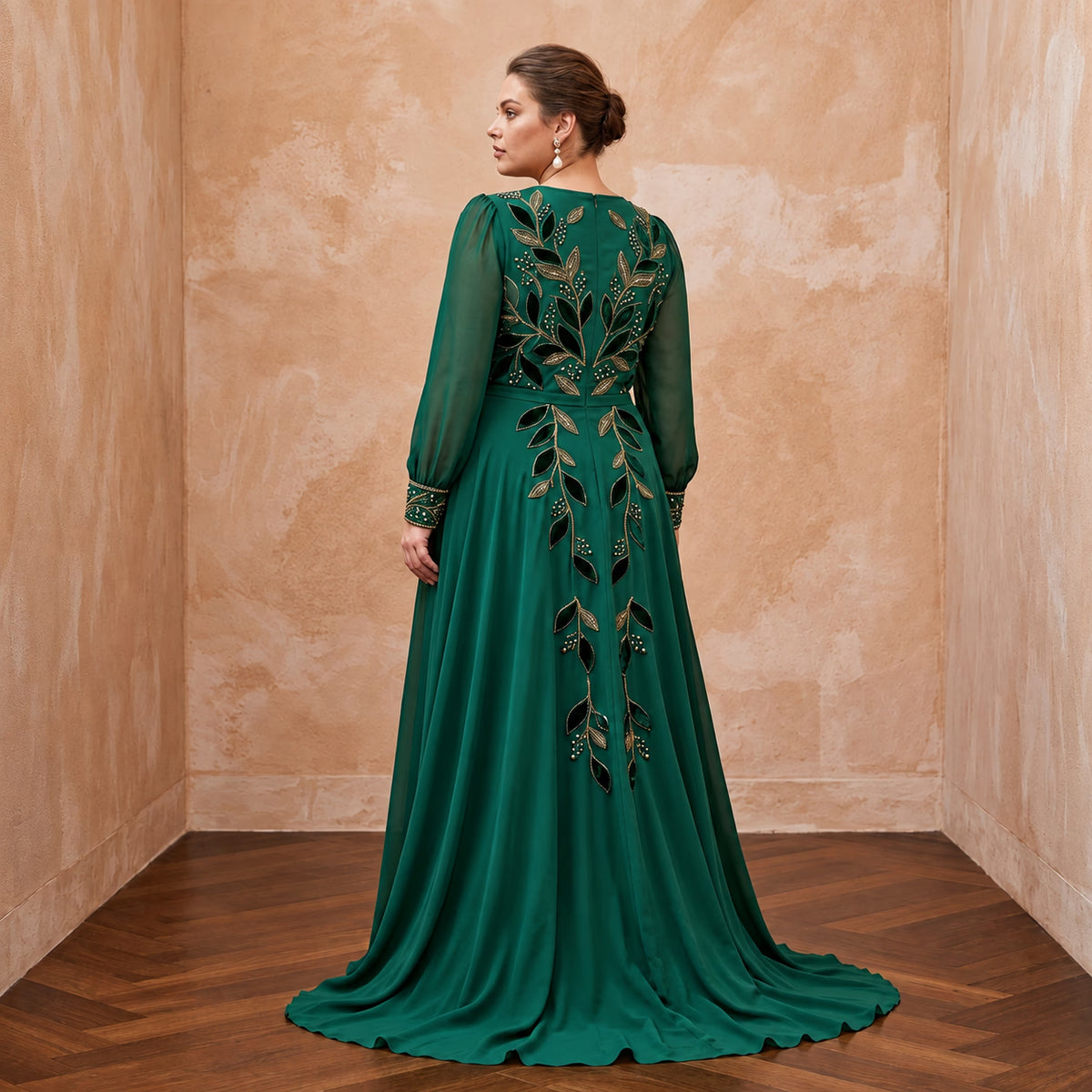 Plus Size Emerald Green Chiffon Faux Wrap Long Sleeve Evening Dress