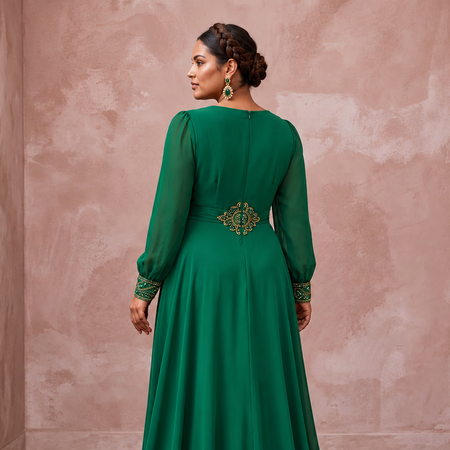 Plus Size Emerald Green Chiffon Faux Wrap Long Sleeve Evening Dress