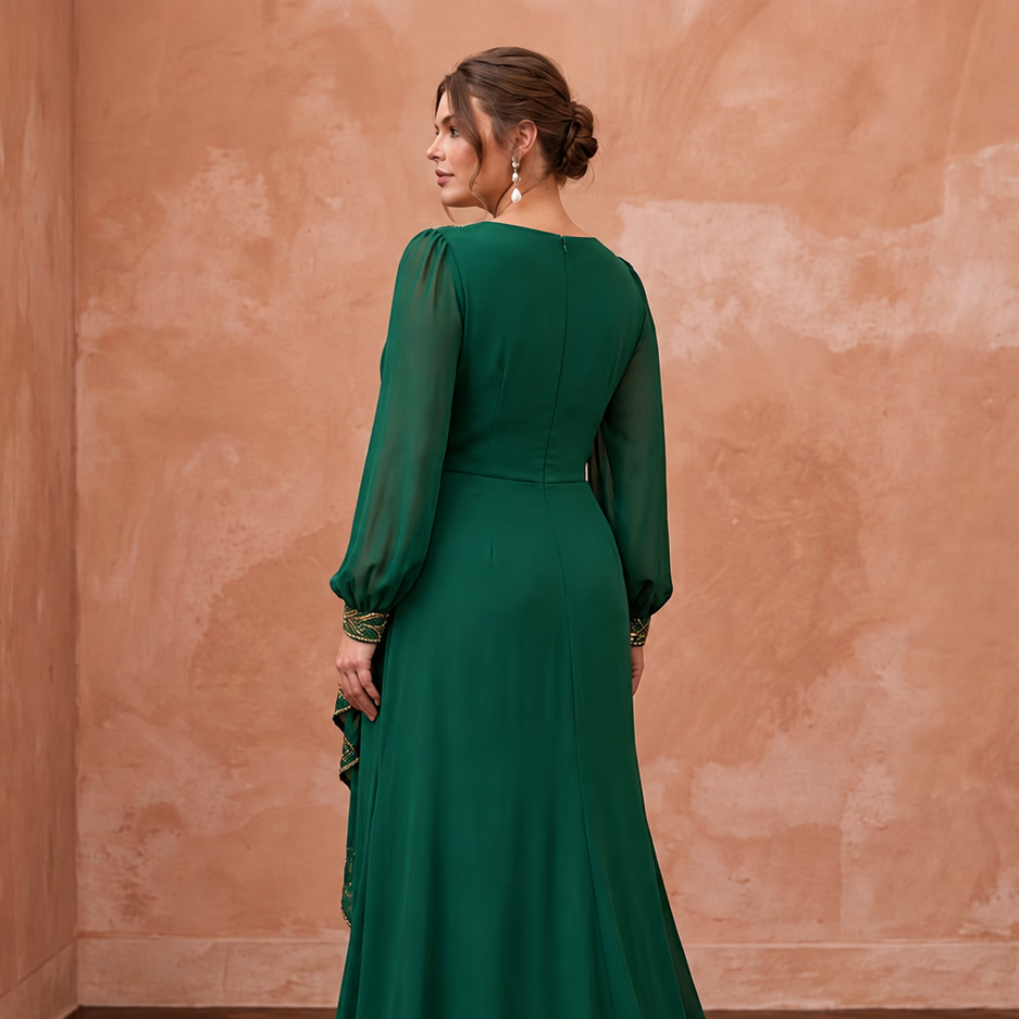 Plus Size Emerald Green Chiffon Faux Wrap Long Sleeve Evening Dress