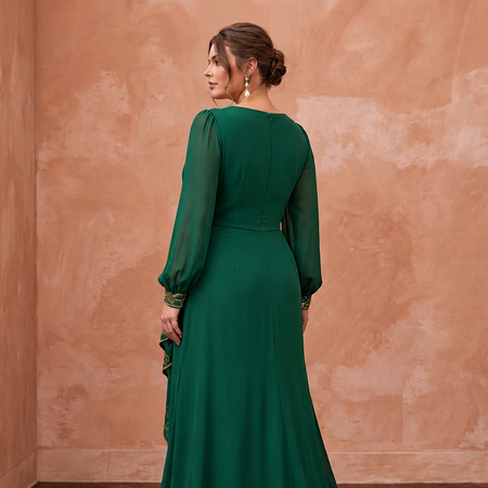 Plus Size Emerald Green Chiffon Faux Wrap Long Sleeve Evening Dress