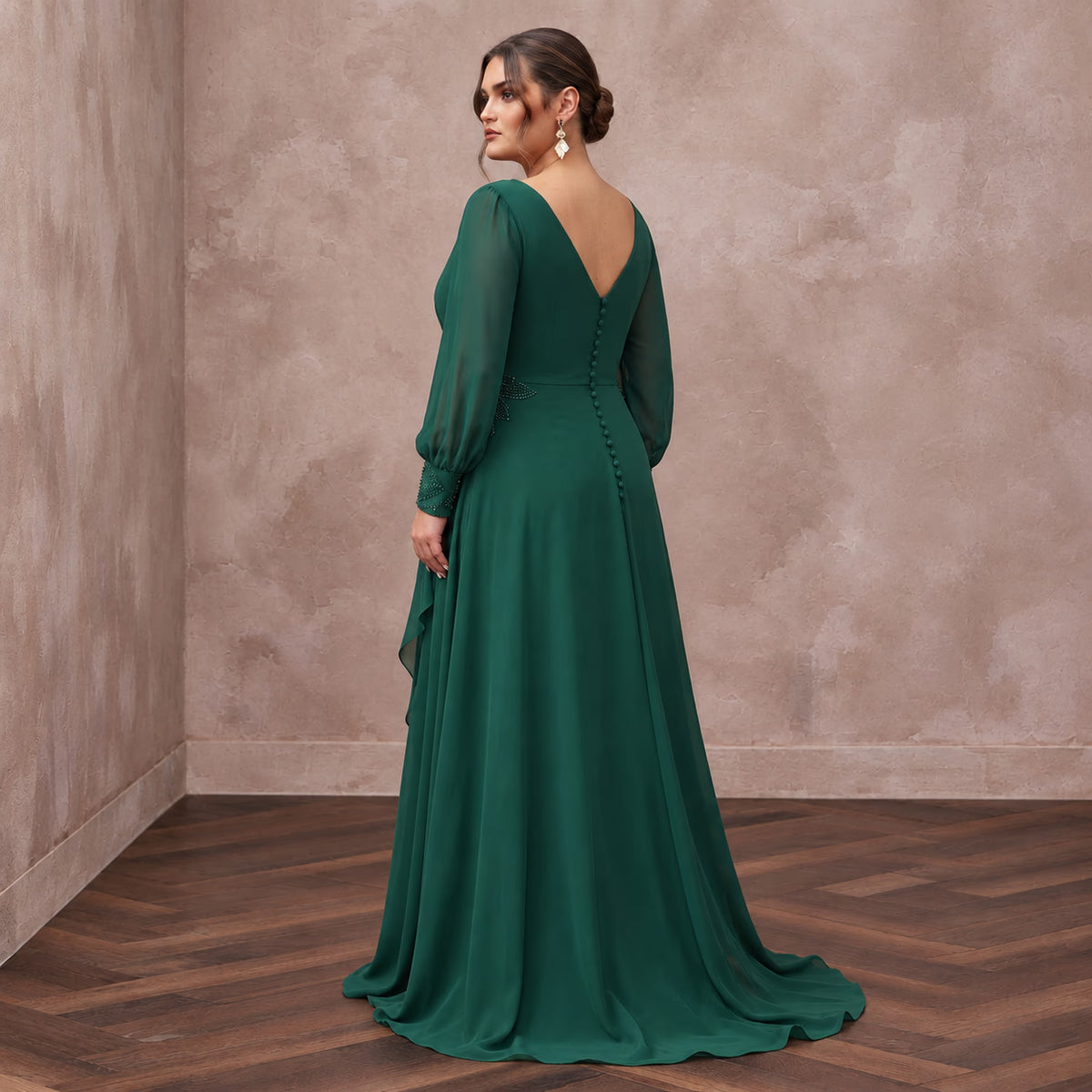 Plus Size Emerald Green Chiffon Faux Wrap Long Sleeve Evening Dress