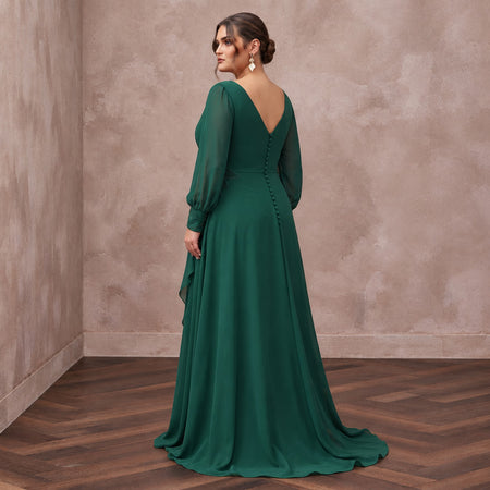 Plus Size Emerald Green Chiffon Faux Wrap Long Sleeve Evening Dress