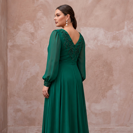 Plus Size Emerald Green Chiffon Faux Wrap Long Sleeve Evening Dress