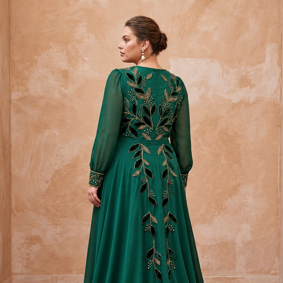 Plus Size Emerald Green Chiffon Faux Wrap Long Sleeve Evening Dress