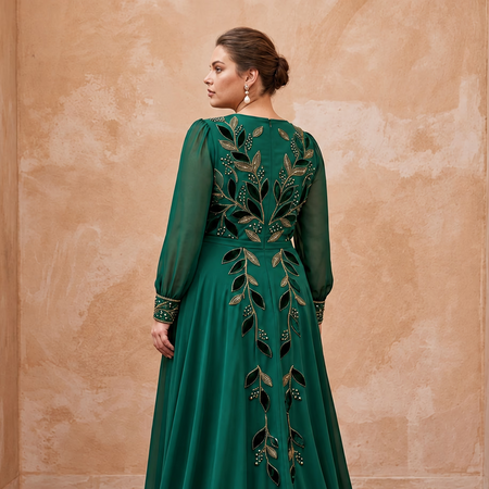 Plus Size Emerald Green Chiffon Faux Wrap Long Sleeve Evening Dress