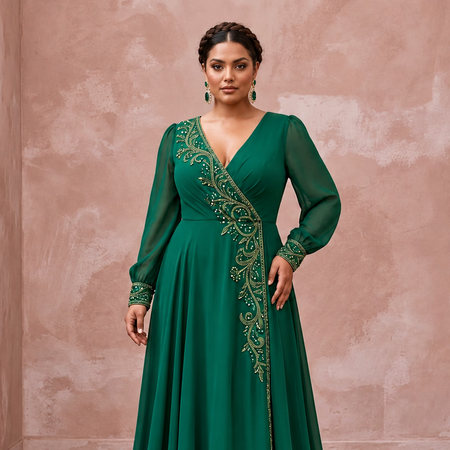 Plus Size Emerald Green Chiffon Faux Wrap Long Sleeve Evening Dress