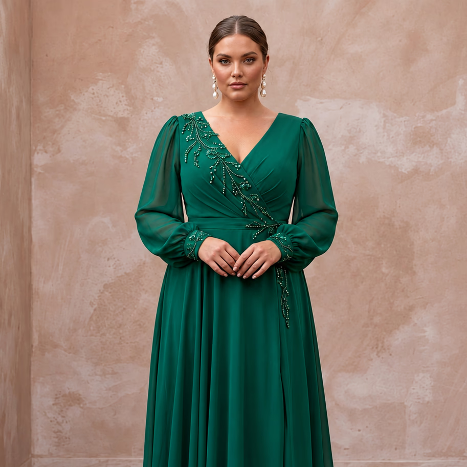 Plus Size Emerald Green Chiffon Faux Wrap Long Sleeve Evening Dress