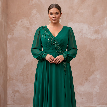 Plus Size Emerald Green Chiffon Faux Wrap Long Sleeve Evening Dress