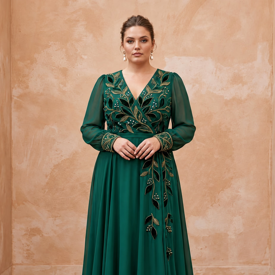 Plus Size Emerald Green Chiffon Faux Wrap Long Sleeve Evening Dress