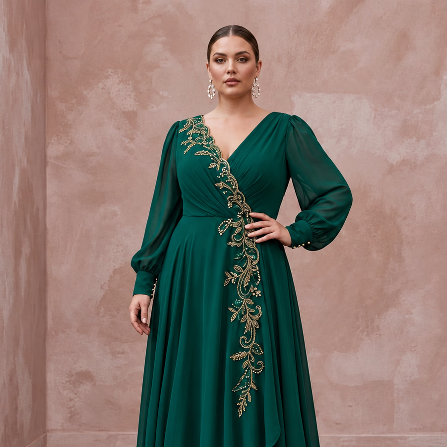 Plus Size Emerald Green Chiffon Faux Wrap Long Sleeve Prom Dress - Apparel & Accessories > Clothing > Wedding & Bridal Party Dresses > Wedding Dresses - Mignonette Bridal