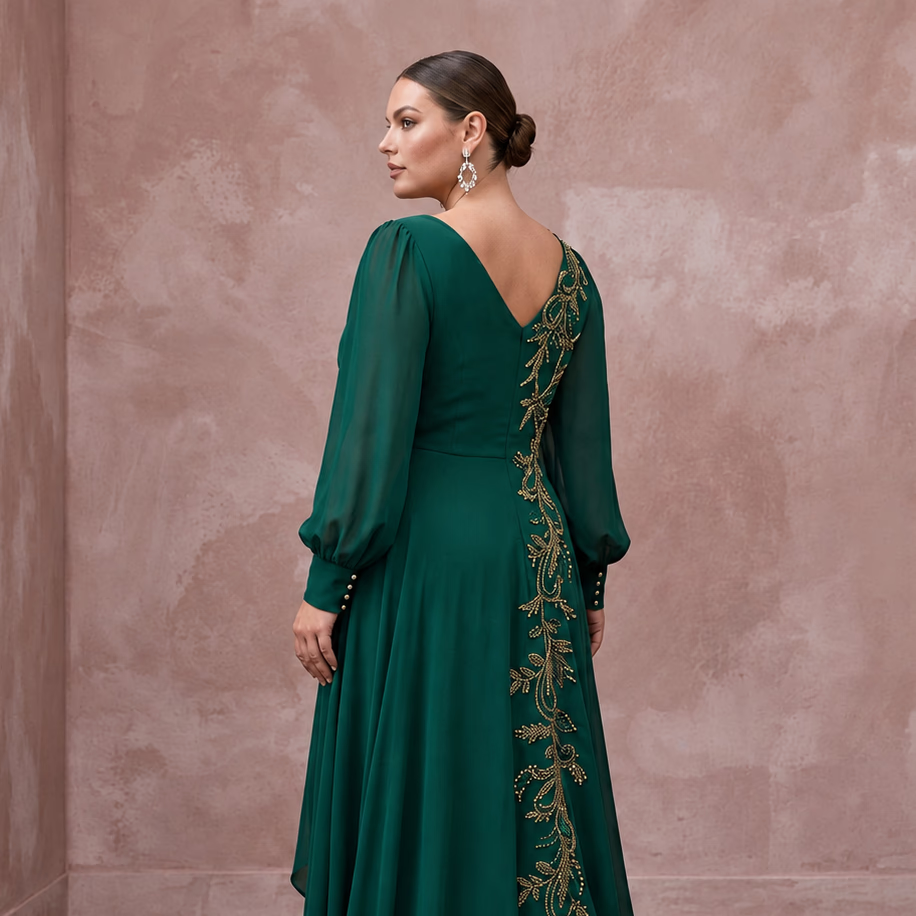 Plus Size Emerald Green Chiffon Faux Wrap Long Sleeve Prom Dress - Apparel & Accessories > Clothing > Wedding & Bridal Party Dresses > Wedding Dresses - Mignonette Bridal