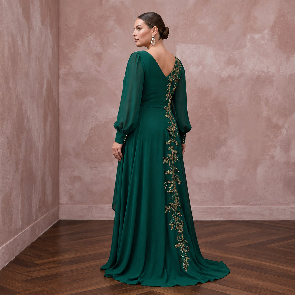 Plus Size Emerald Green Chiffon Faux Wrap Long Sleeve Prom Dress - Apparel & Accessories > Clothing > Wedding & Bridal Party Dresses > Wedding Dresses - Mignonette Bridal