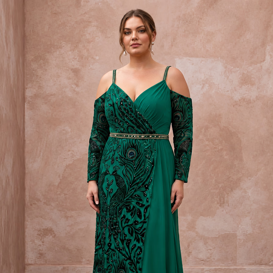 Plus Size Emerald Green Chiffon Faux Wrap Maxi Dress - Apparel & Accessories > Clothing > Wedding & Bridal Party Dresses > Wedding Dresses - Mignonette Bridal