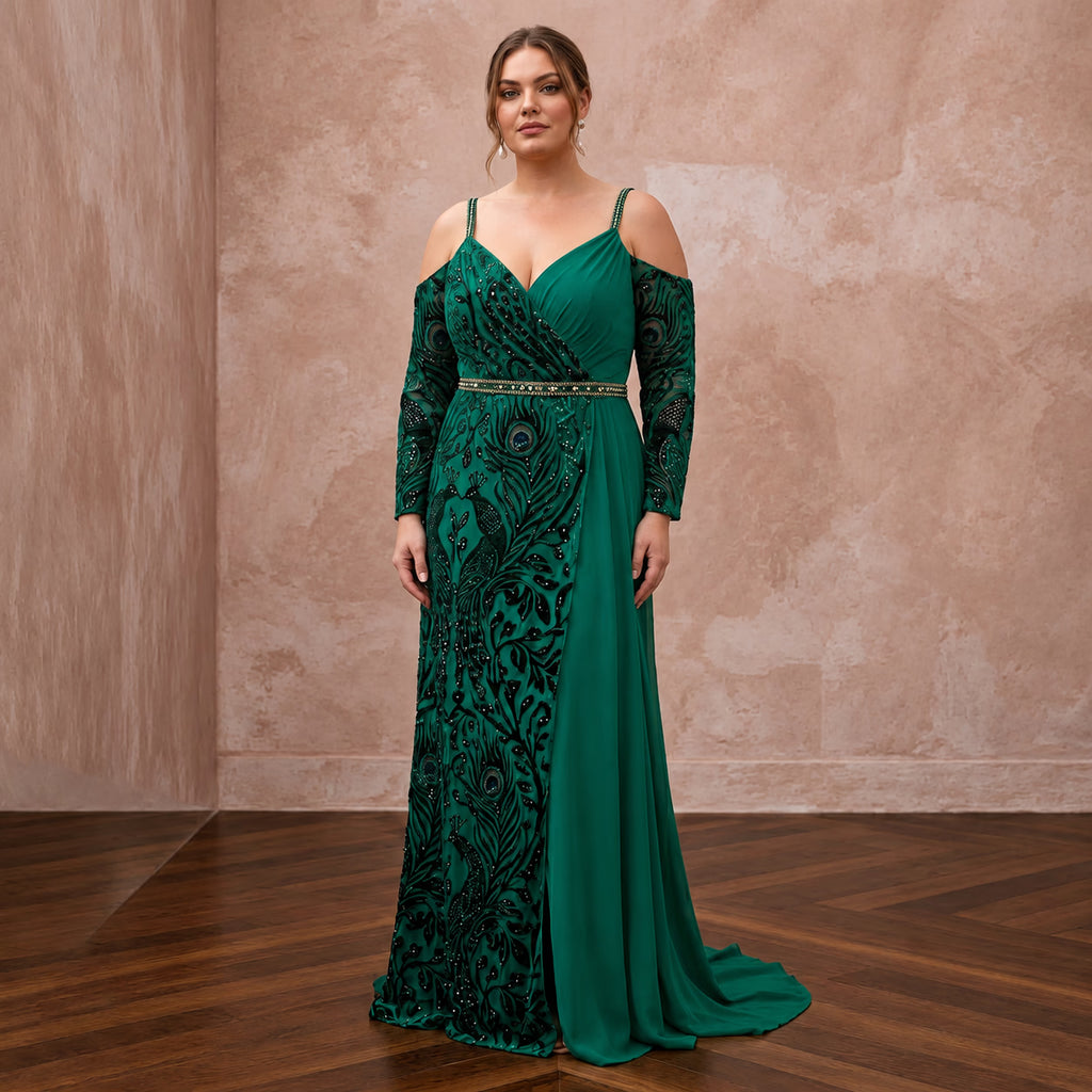 Plus Size Emerald Green Chiffon Faux Wrap Maxi Dress - Apparel & Accessories > Clothing > Wedding & Bridal Party Dresses > Wedding Dresses - Mignonette Bridal