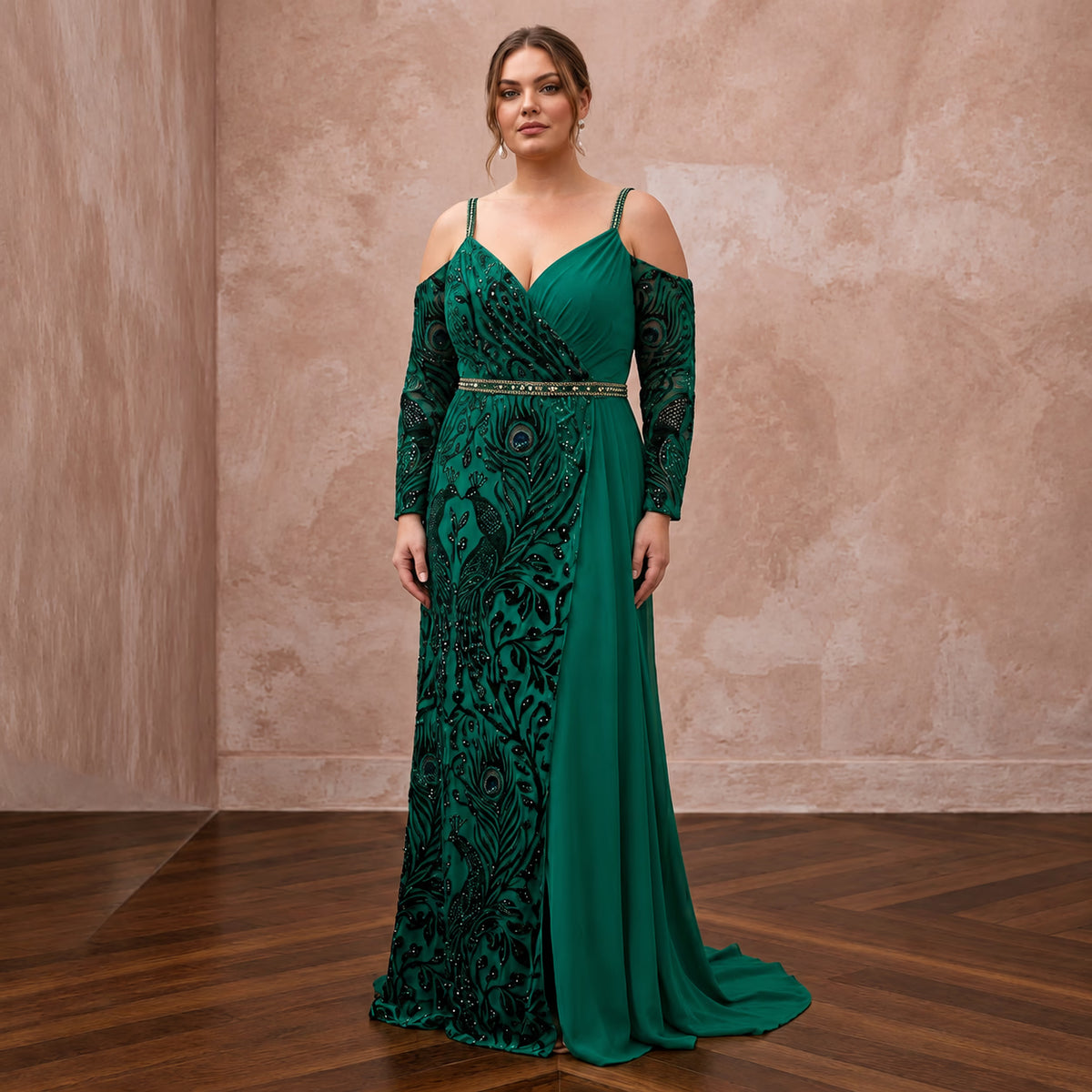 Plus Size Emerald Green Chiffon Faux Wrap Maxi Dress - Apparel & Accessories > Clothing > Wedding & Bridal Party Dresses > Wedding Dresses - Mignonette Bridal