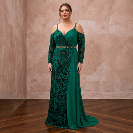 Plus Size Emerald Green Chiffon Faux Wrap Maxi Dress - Apparel & Accessories > Clothing > Wedding & Bridal Party Dresses > Wedding Dresses - Mignonette Bridal