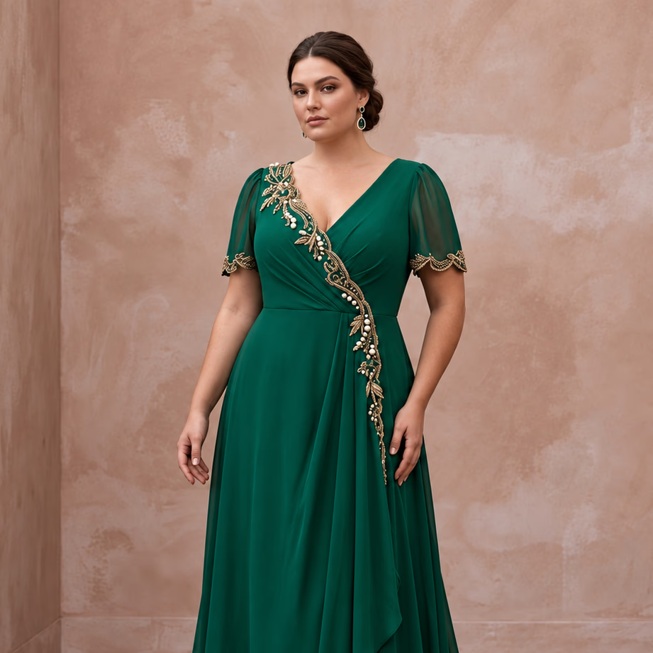 Plus Size Emerald Green Chiffon Faux Wrap Maxi Prom Dress - Apparel & Accessories > Clothing > Wedding & Bridal Party Dresses > Wedding Dresses - Mignonette Bridal