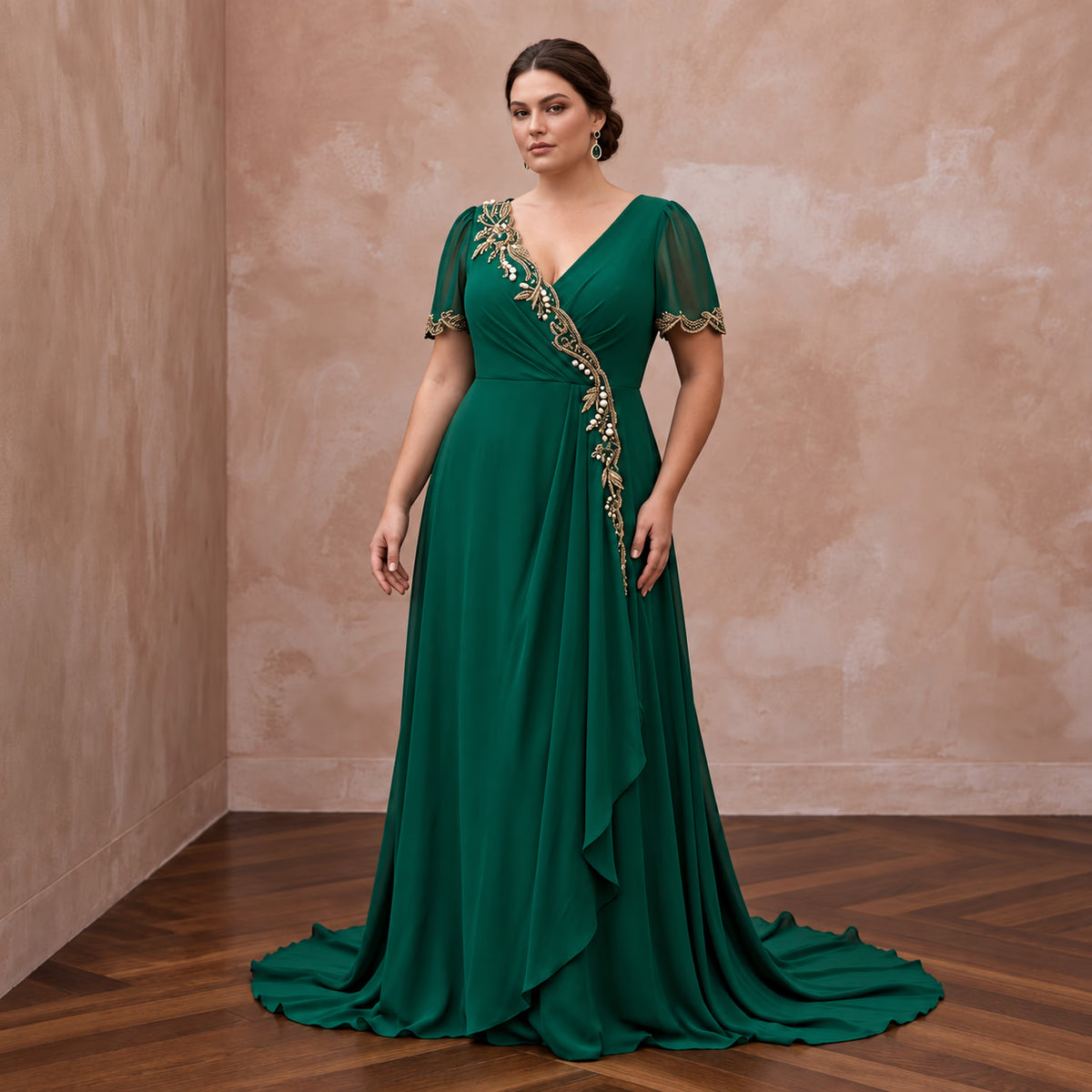 Plus Size Emerald Green Chiffon Faux Wrap Maxi Prom Dress - Apparel & Accessories > Clothing > Wedding & Bridal Party Dresses > Wedding Dresses - Mignonette Bridal