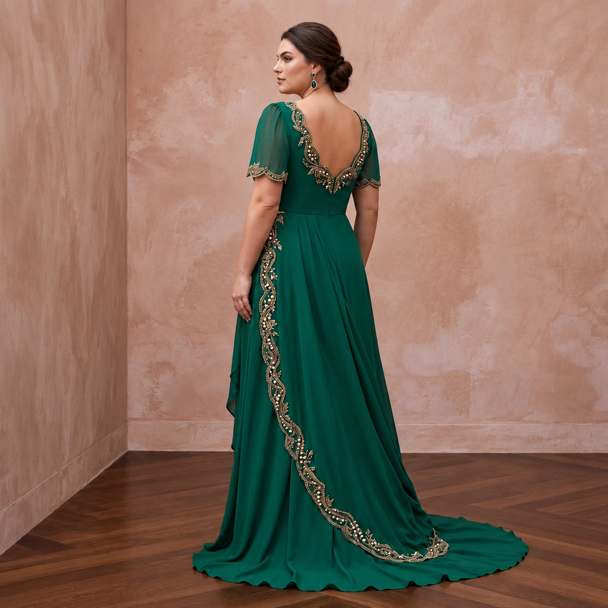 Plus Size Emerald Green Chiffon Faux Wrap Maxi Prom Dress - Apparel & Accessories > Clothing > Wedding & Bridal Party Dresses > Wedding Dresses - Mignonette Bridal