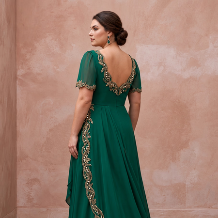 Plus Size Emerald Green Chiffon Faux Wrap Maxi Prom Dress - Apparel & Accessories > Clothing > Wedding & Bridal Party Dresses > Wedding Dresses - Mignonette Bridal