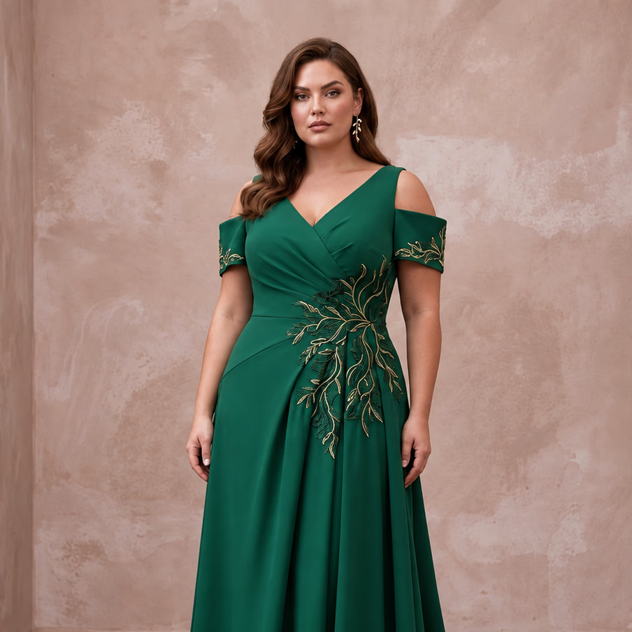 Plus Size Emerald Green Matte Crepe Cold Shoulder Evening Dress