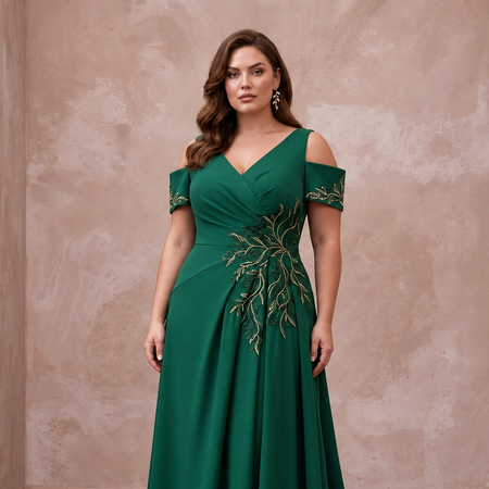 Plus Size Emerald Green Matte Crepe Cold Shoulder Evening Dress