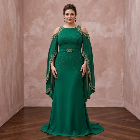 Plus Size Emerald Green Matte Crepe Cold Shoulder Evening Dress