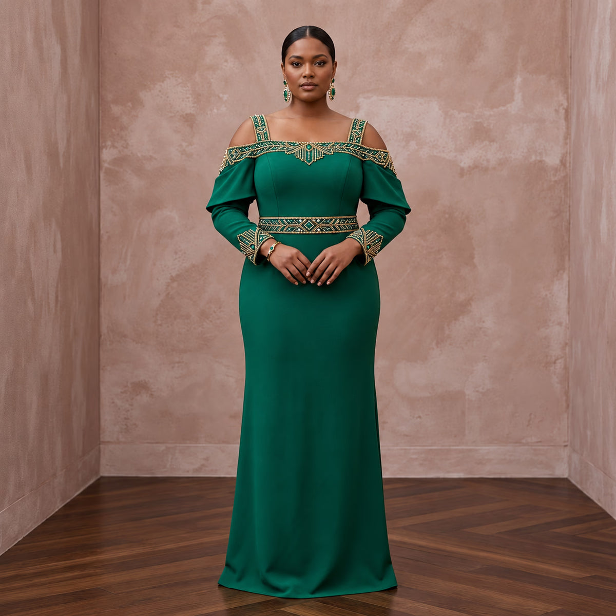 Plus Size Emerald Green Matte Crepe Cold Shoulder Evening Dress
