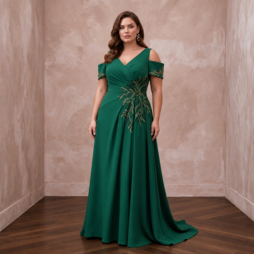 Plus Size Emerald Green Matte Crepe Cold Shoulder Evening Dress