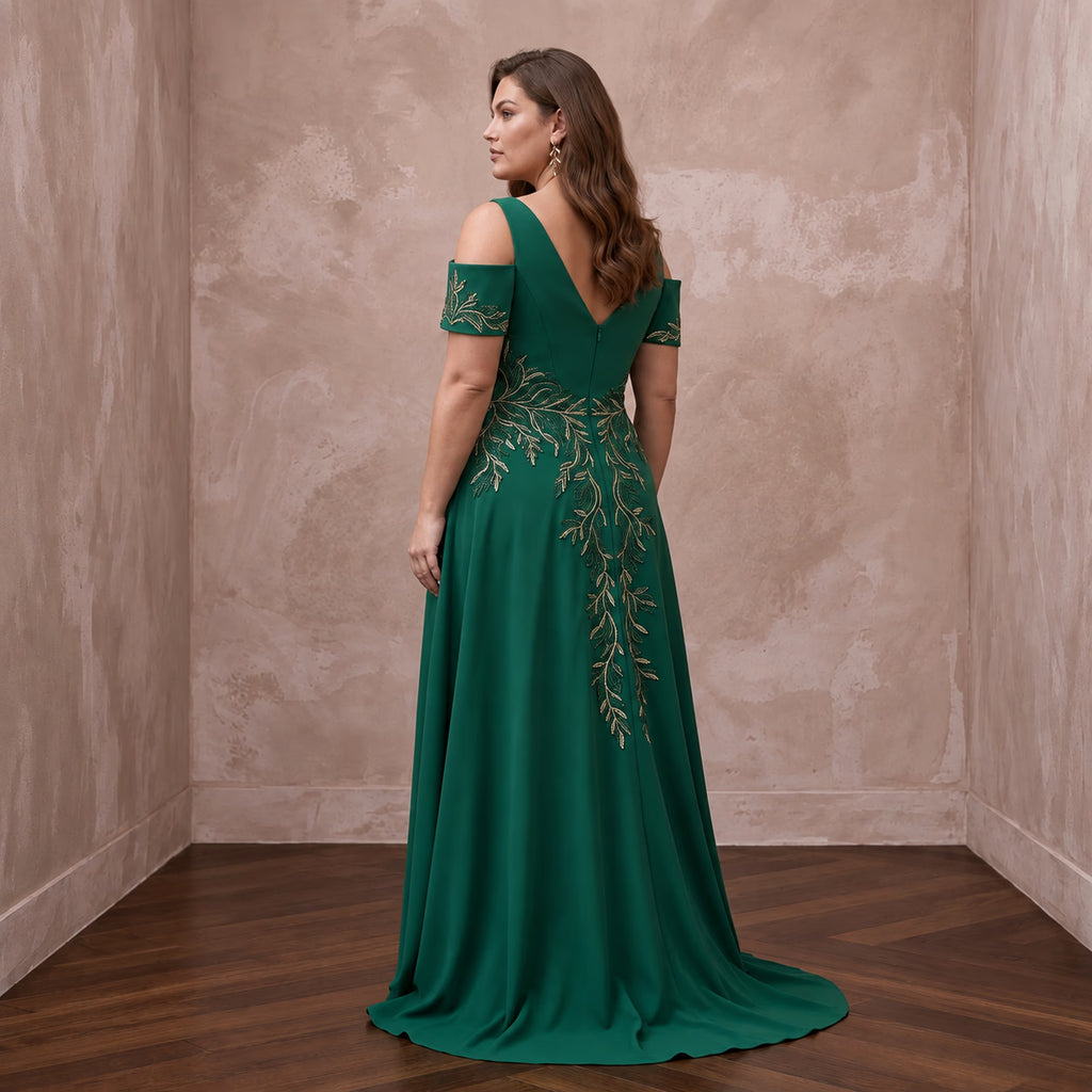 Plus Size Emerald Green Matte Crepe Cold Shoulder Evening Dress