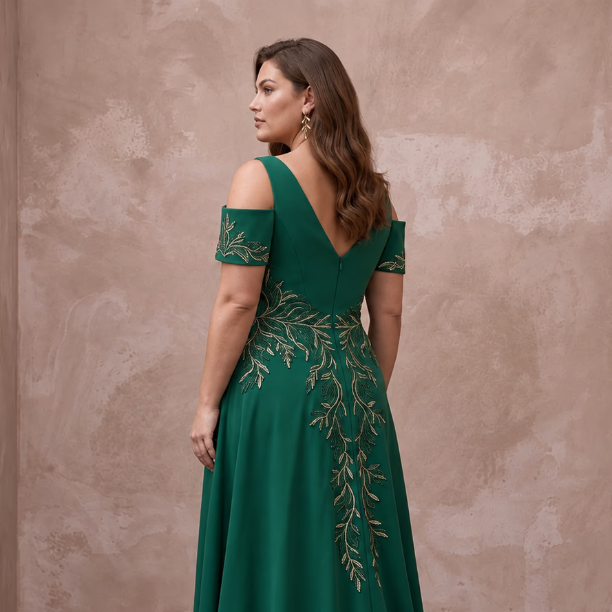 Plus Size Emerald Green Matte Crepe Cold Shoulder Evening Dress