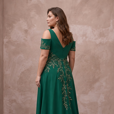Plus Size Emerald Green Matte Crepe Cold Shoulder Evening Dress