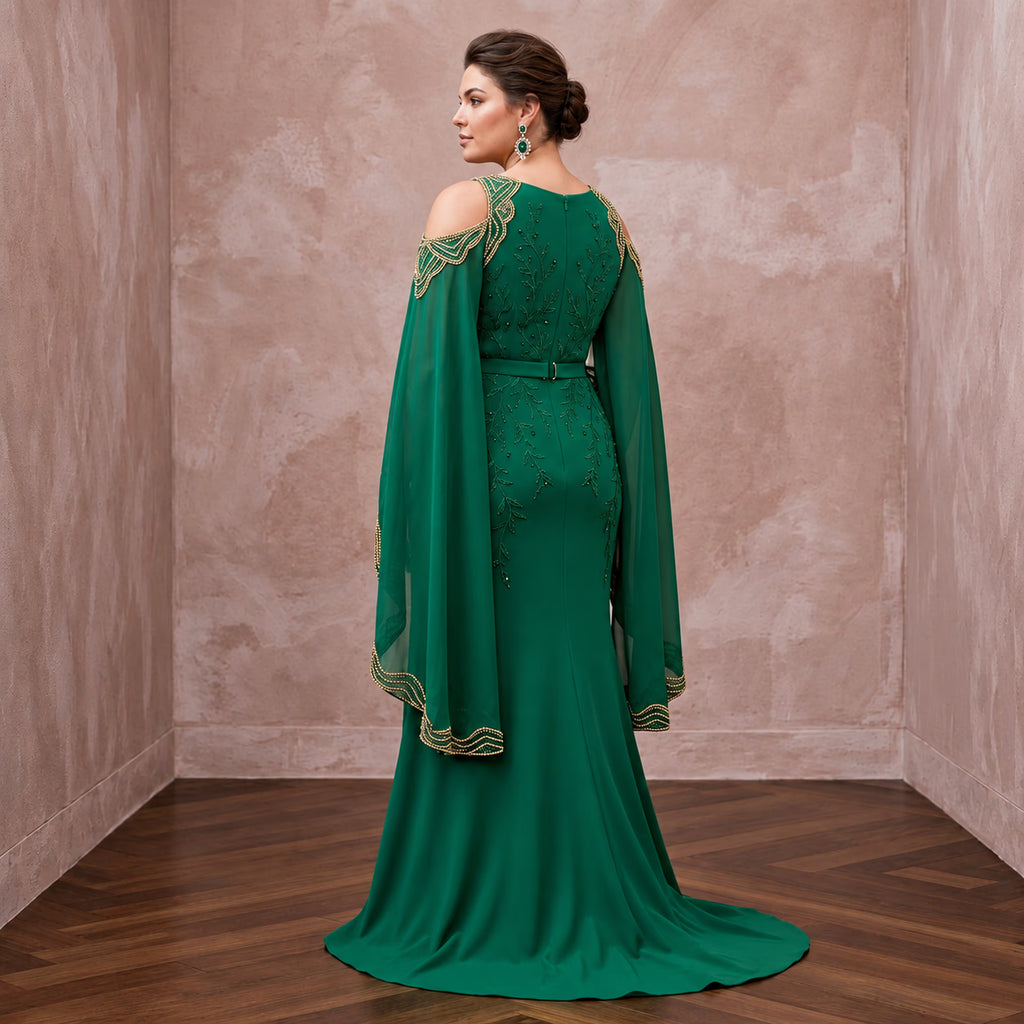 Plus Size Emerald Green Matte Crepe Cold Shoulder Evening Dress