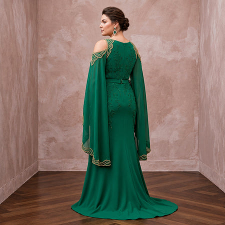 Plus Size Emerald Green Matte Crepe Cold Shoulder Evening Dress