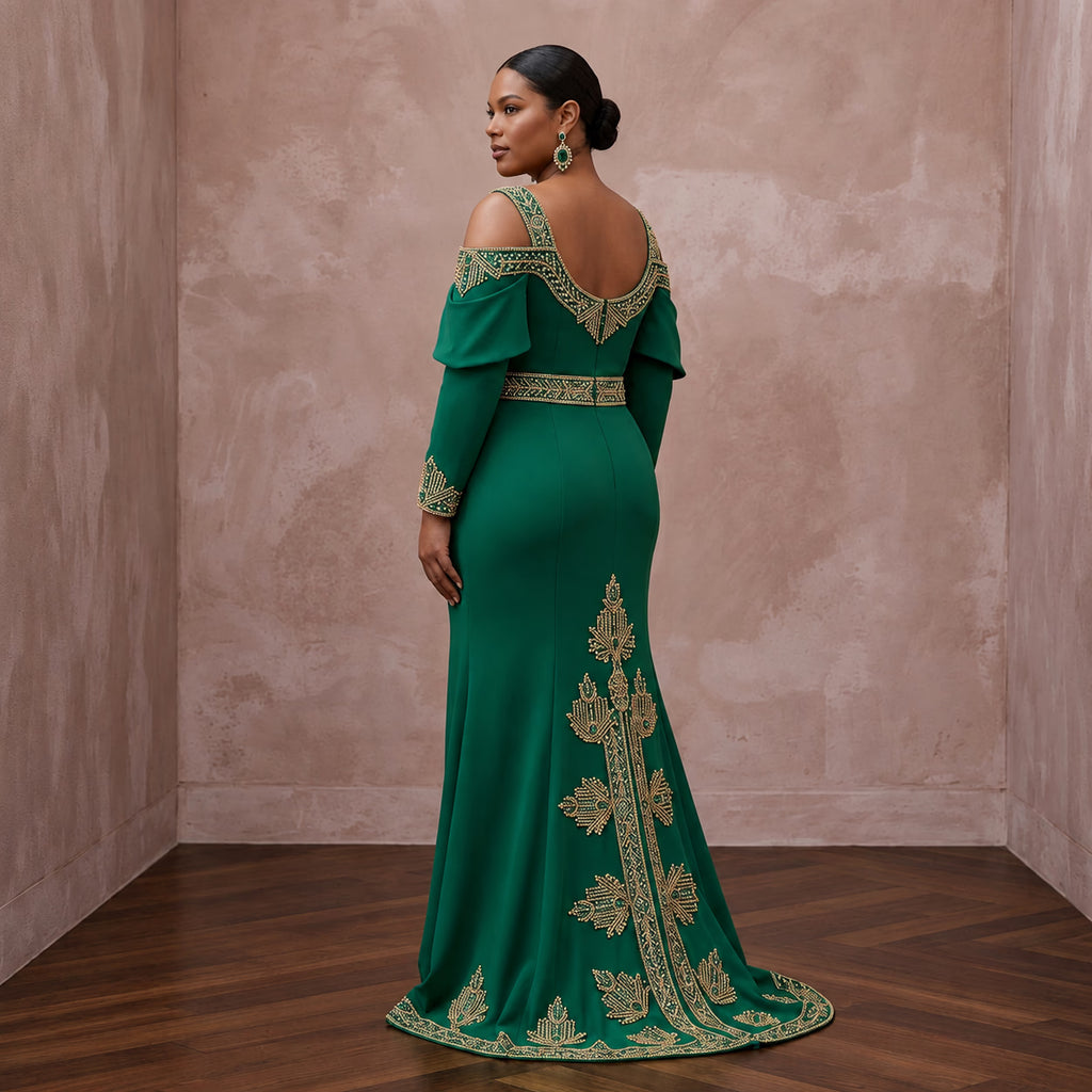 Plus Size Emerald Green Matte Crepe Cold Shoulder Evening Dress