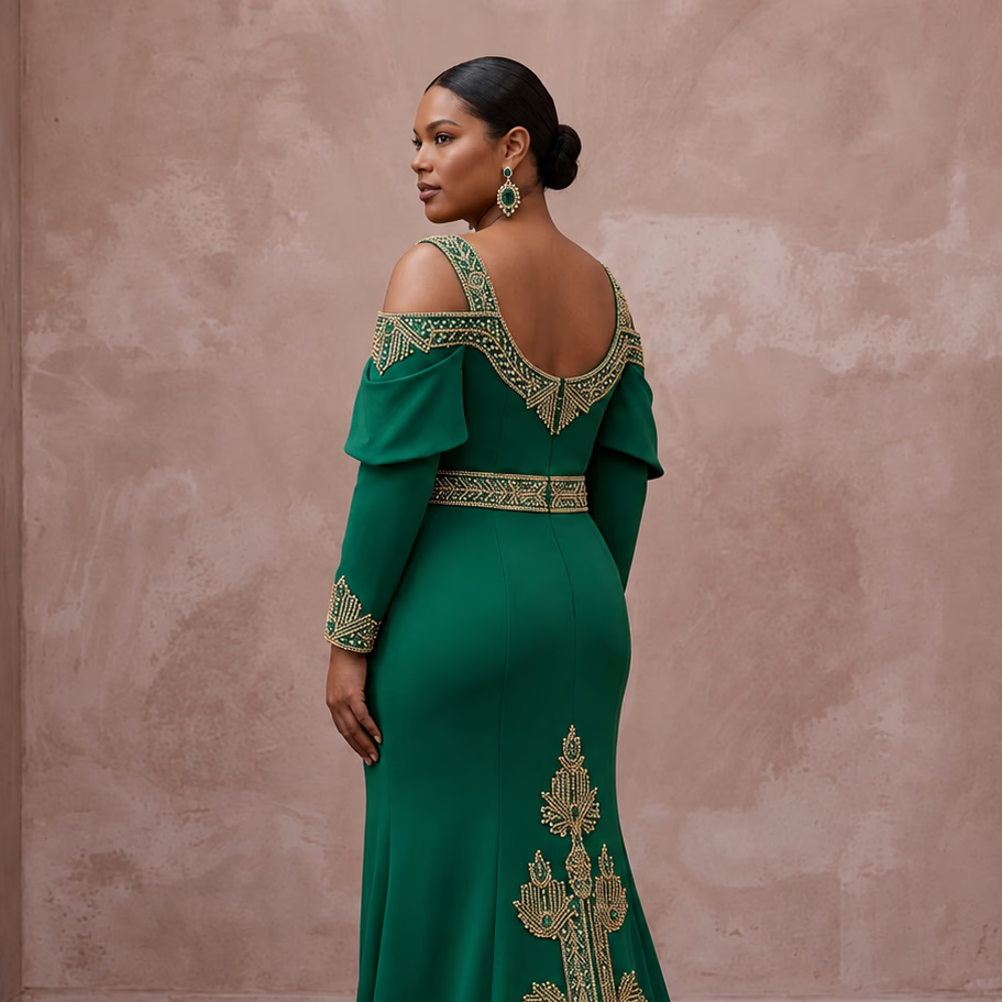 Plus Size Emerald Green Matte Crepe Cold Shoulder Evening Dress