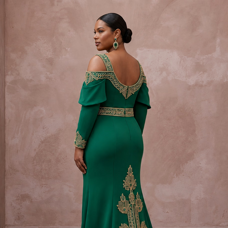 Plus Size Emerald Green Matte Crepe Cold Shoulder Evening Dress
