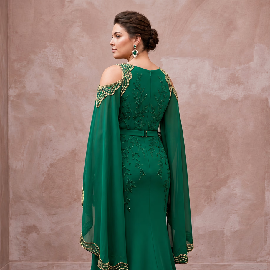 Plus Size Emerald Green Matte Crepe Cold Shoulder Evening Dress