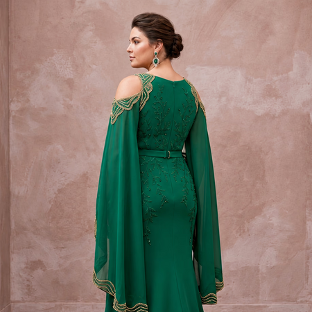 Plus Size Emerald Green Matte Crepe Cold Shoulder Evening Dress
