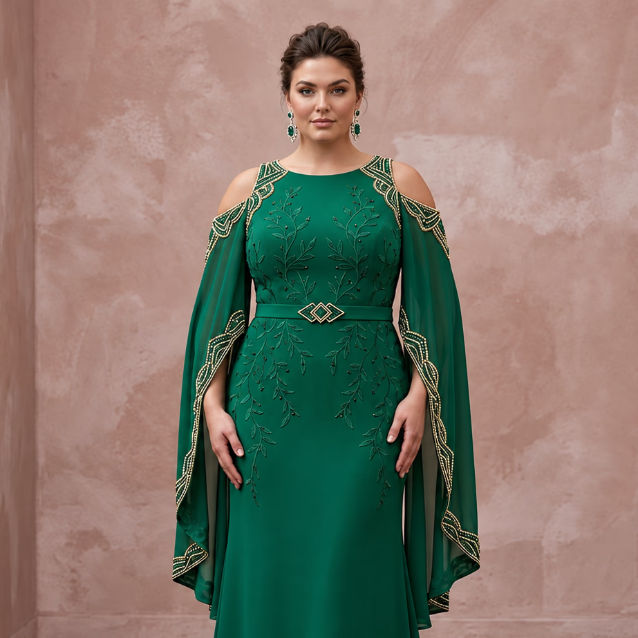 Plus Size Emerald Green Matte Crepe Cold Shoulder Evening Dress