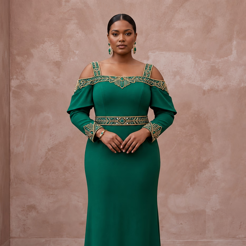 Plus Size Emerald Green Matte Crepe Cold Shoulder Evening Dress