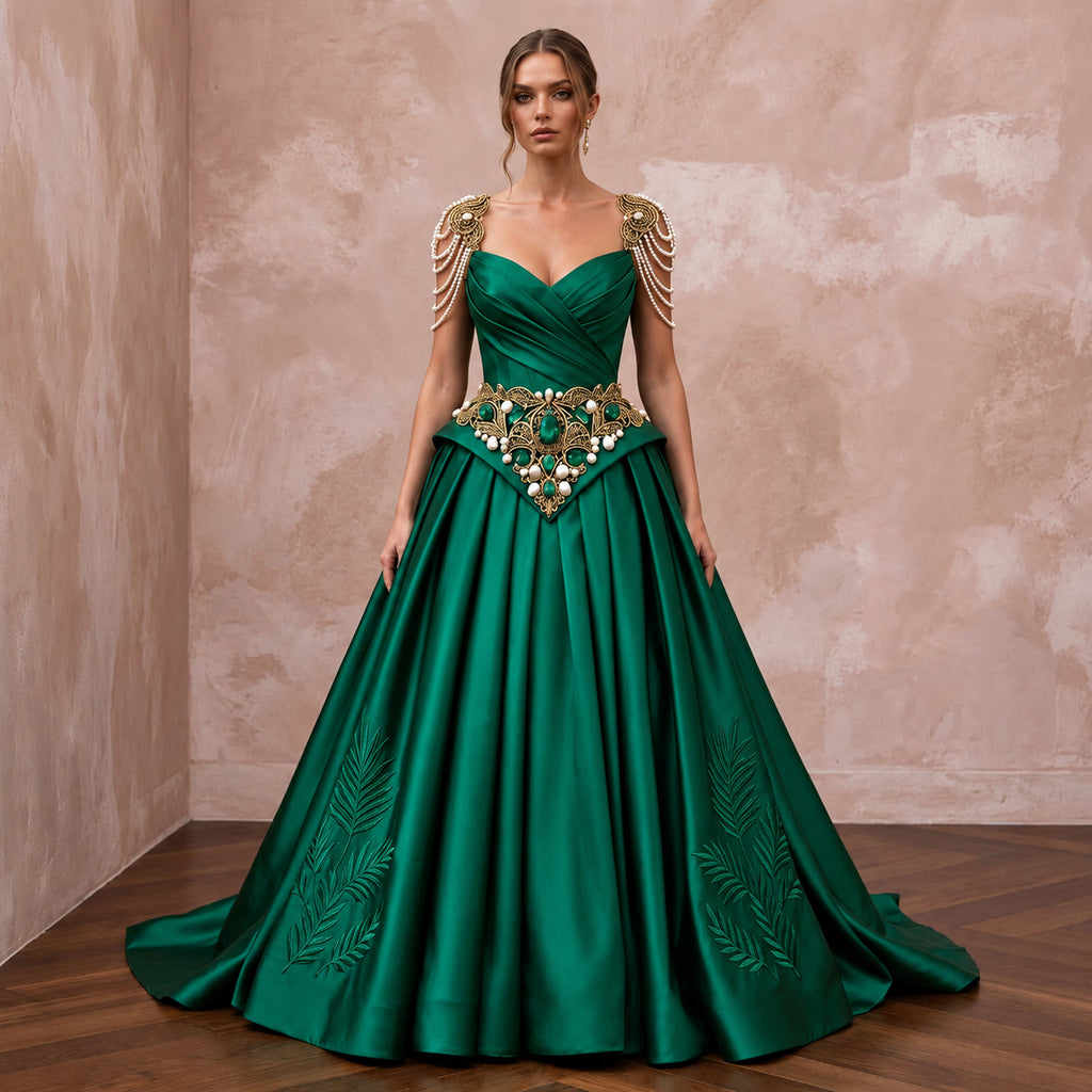 Plus Size Emerald Green Silk Mikado Dropped Waist Ball Gown - Apparel & Accessories > Clothing > Wedding & Bridal Party Dresses > Wedding Dresses - Mignonette Bridal