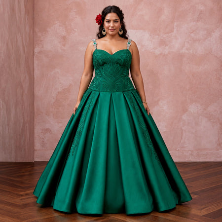 Plus Size Emerald Green Silk Mikado Dropped Waist Ball Gown
