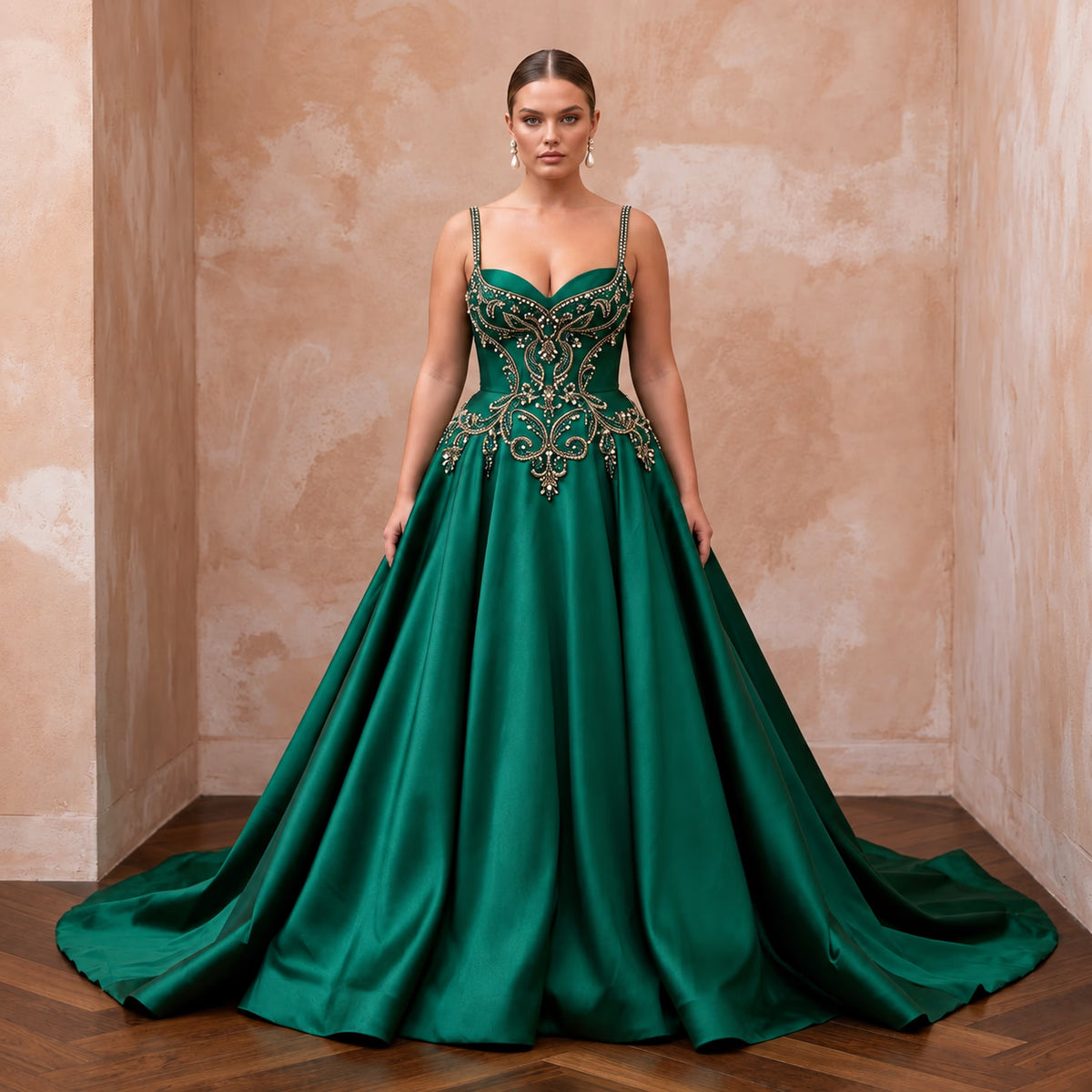Plus Size Emerald Green Silk Mikado Dropped Waist Ball Gown