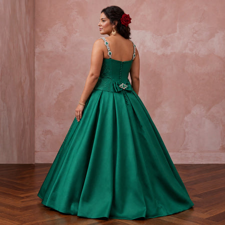 Plus Size Emerald Green Silk Mikado Dropped Waist Ball Gown