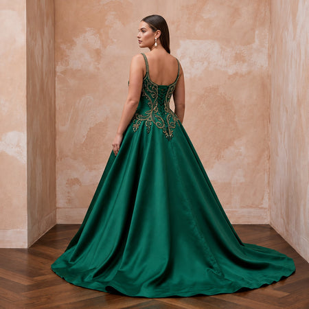 Plus Size Emerald Green Silk Mikado Dropped Waist Ball Gown