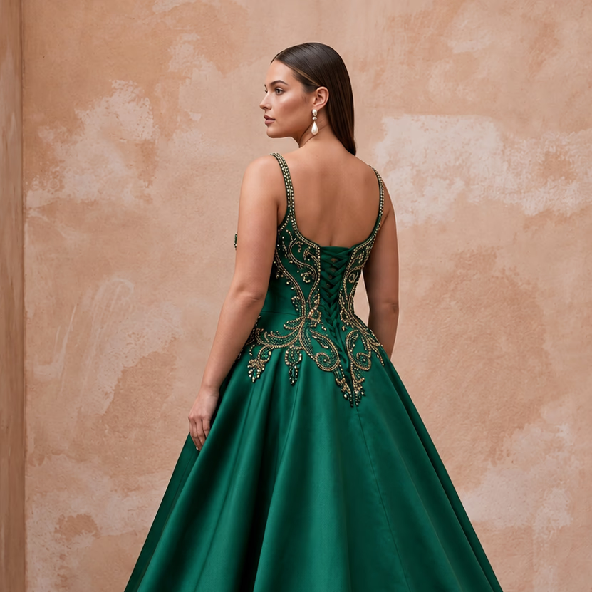 Plus Size Emerald Green Silk Mikado Dropped Waist Ball Gown