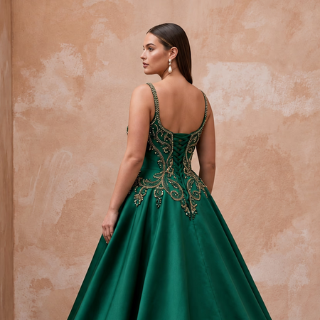 Plus Size Emerald Green Silk Mikado Dropped Waist Ball Gown
