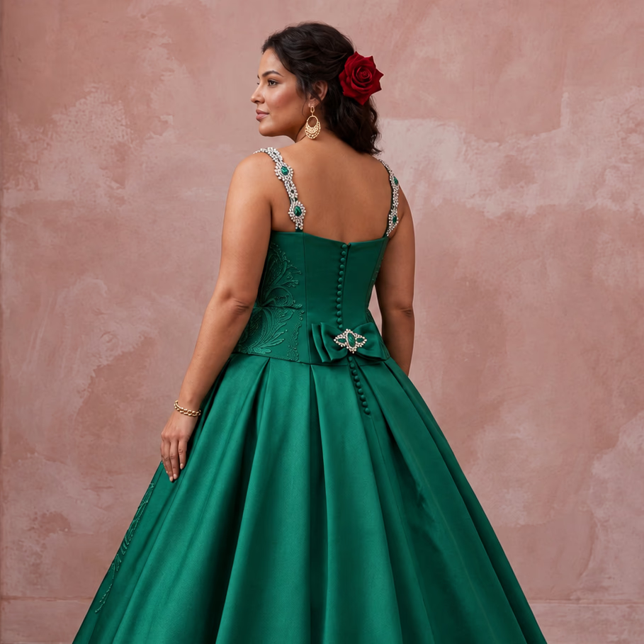 Plus Size Emerald Green Silk Mikado Dropped Waist Ball Gown